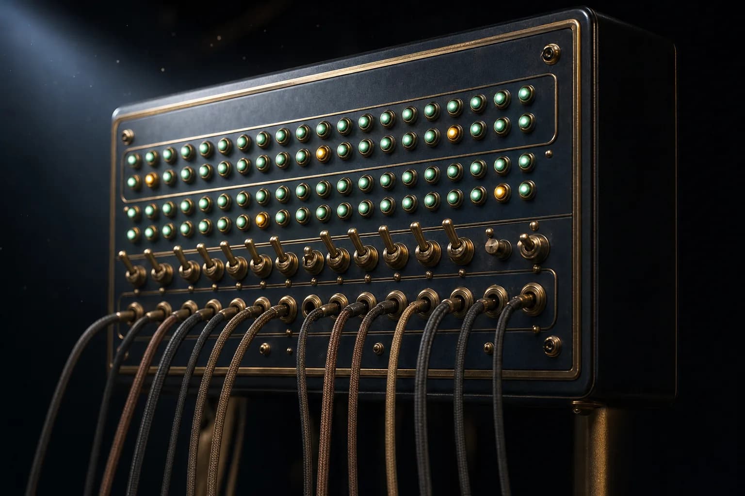 A brass switchboard with rows of glowing status lamps
